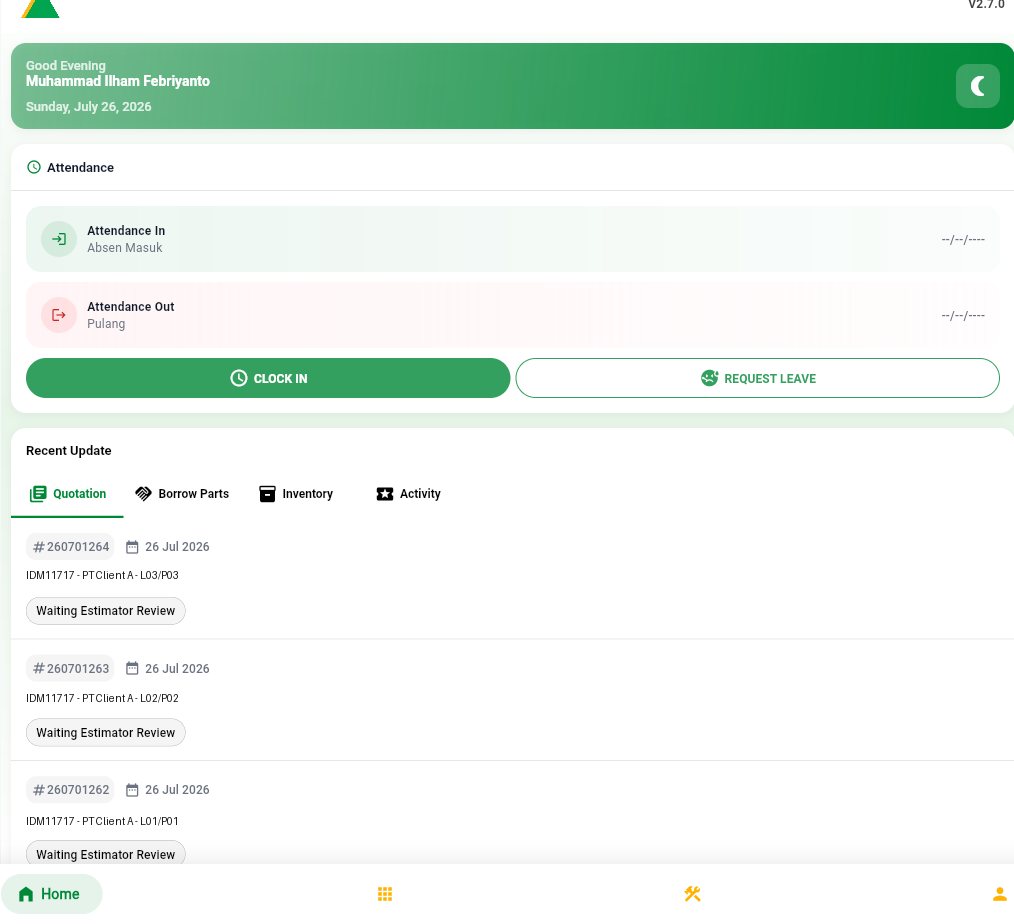 Mobile home screen with attendance and recent updates