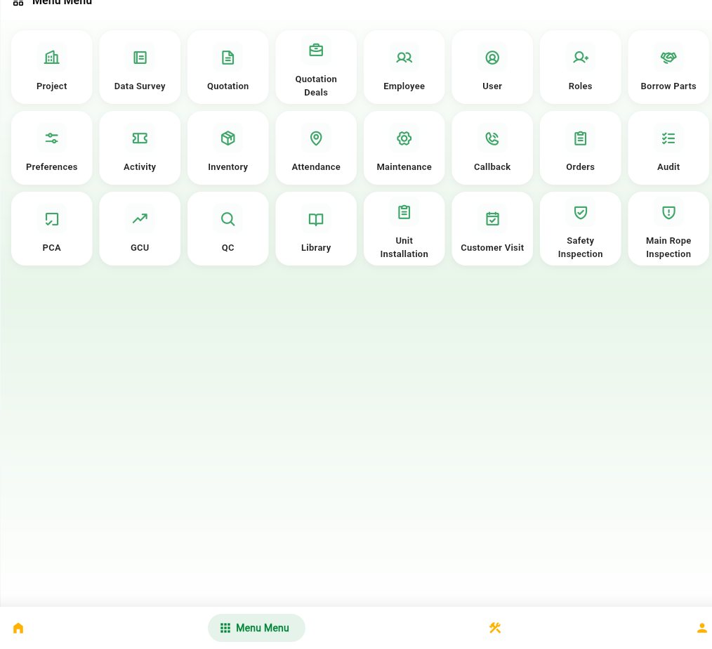 Mobile menu grid with 20 module shortcuts