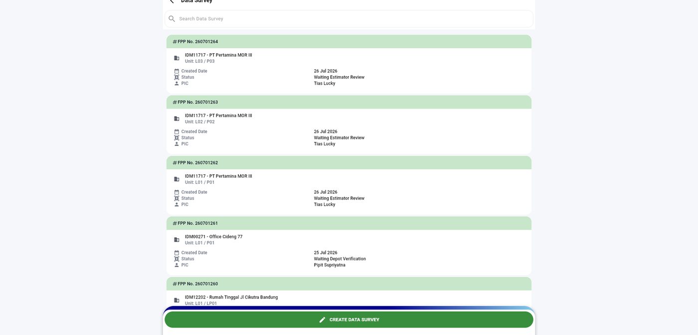 Data Survey list showing FPP entries with review status