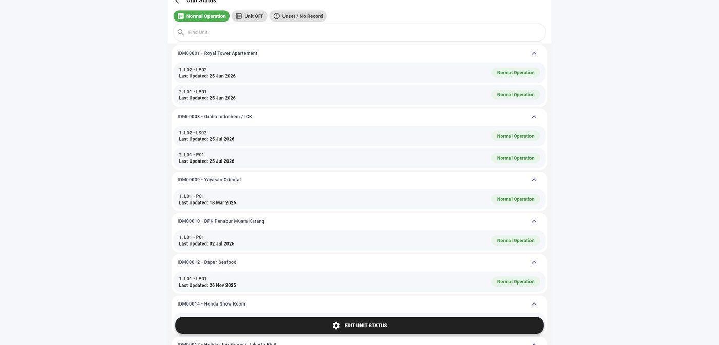 Unit Status list showing elevator units and their operational state per project